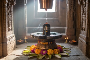 A serene Shiva Lingam being worshipped with sacred offerings.